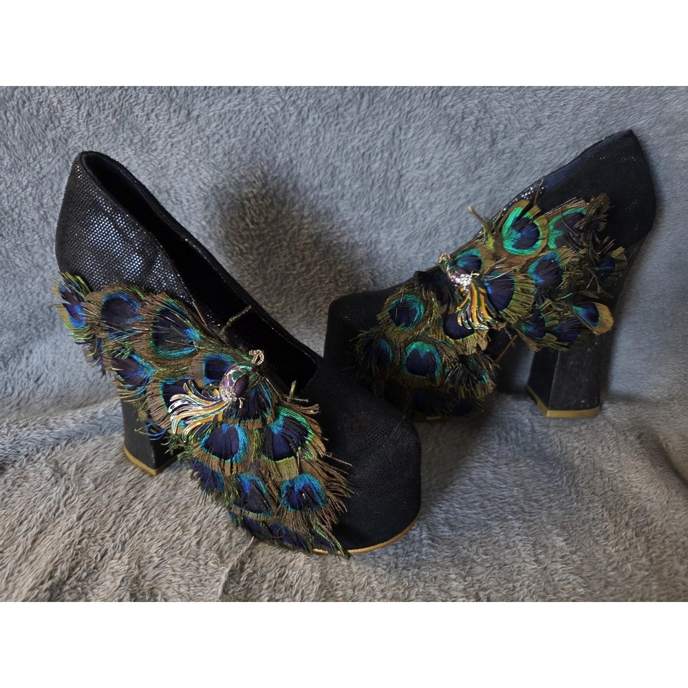 Irregular Choice Peacock Feather Wedge High Heel Platform Shoes Black 6.5